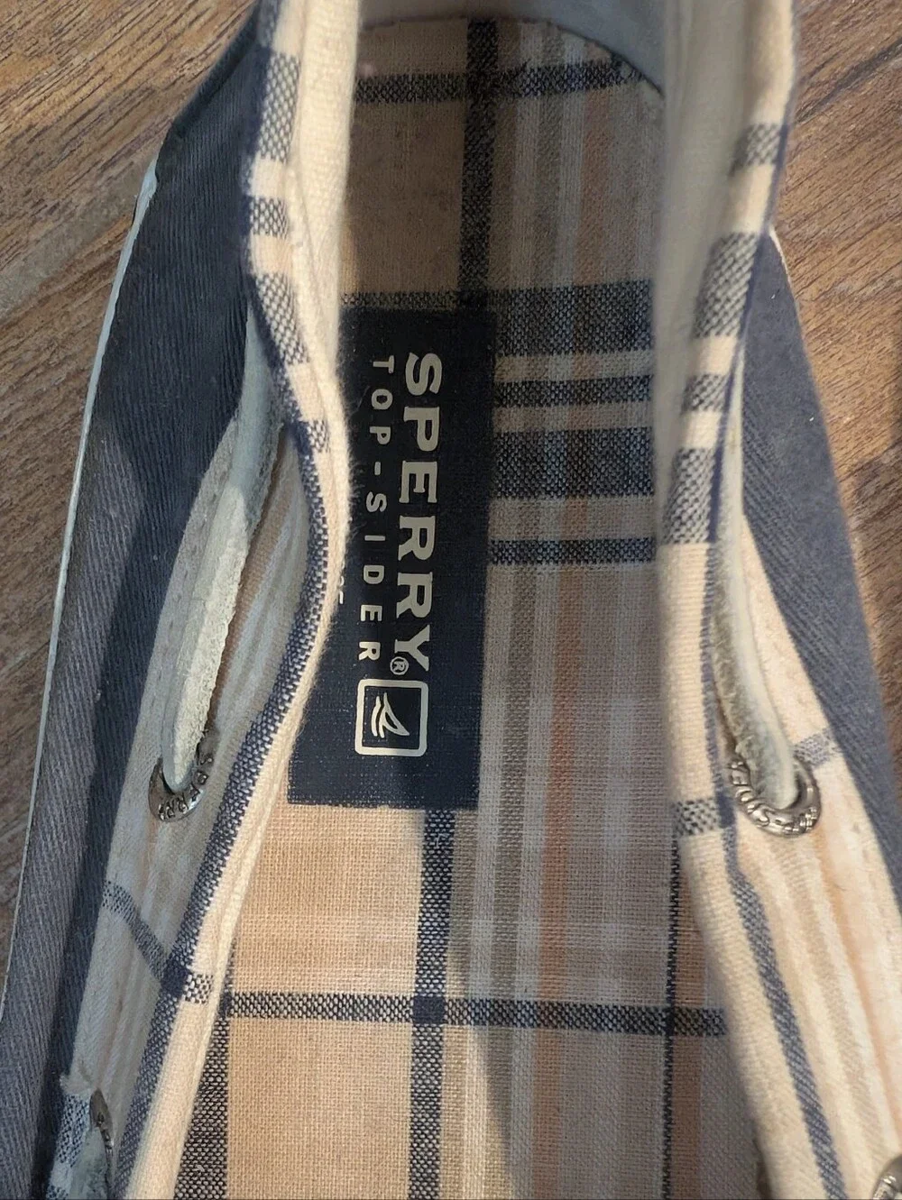 Men's Sperry Navy Blue-Gray Canvas Boat Shoes  with Plaid Exterior Size 11